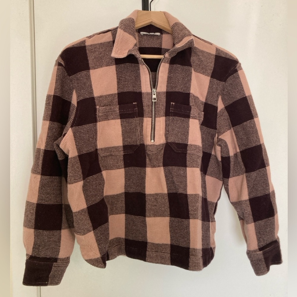 Madewell waffle half zip long sleeve pink and burgundy size L